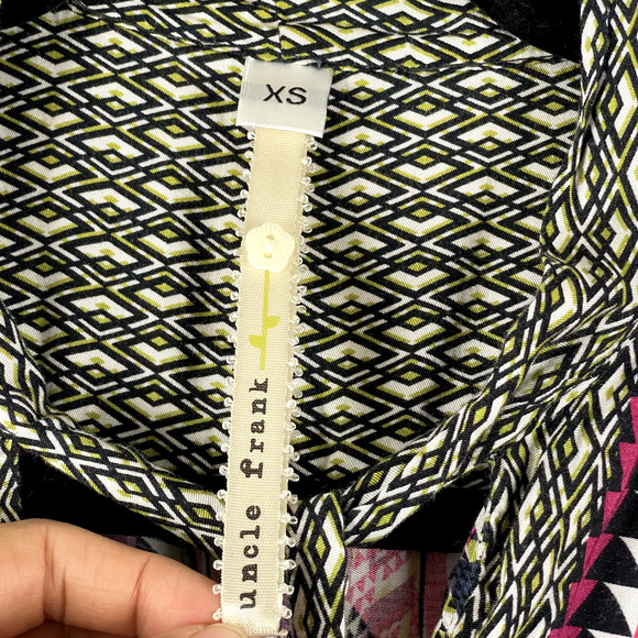 Uncle Frank Tunic Top Womens XS Geometric Button Front Tie Neck Aztec Boho Artsy - Picture 7 of 16